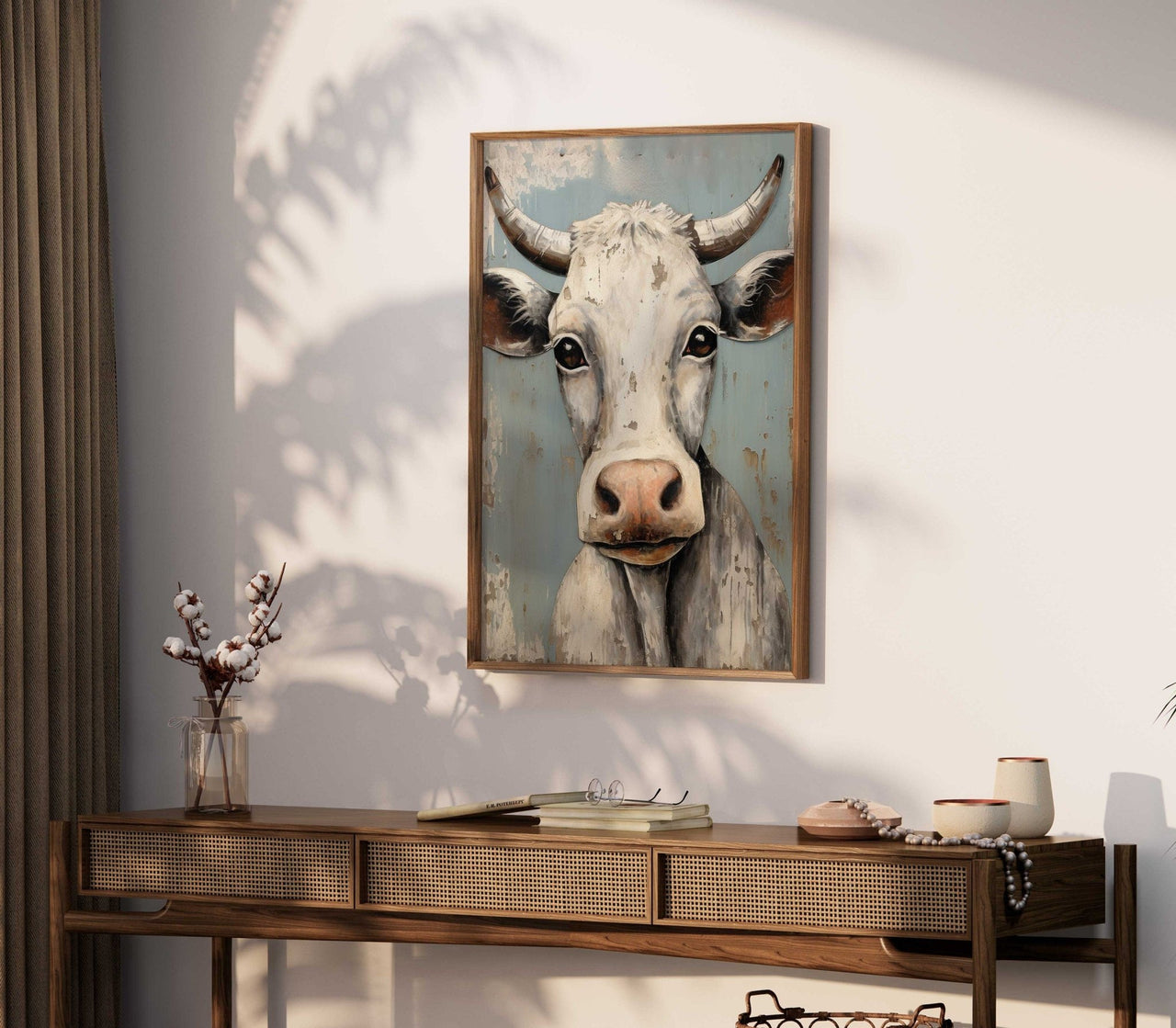 Whimsical Bull Wall Art – Farmhouse Living Room Print