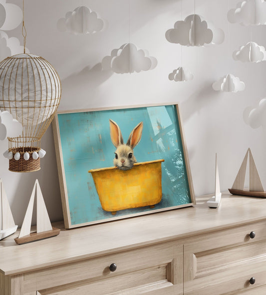 Vintage Bunny Bath Tub Nursery Wall Art, Cute Animal Decor for Kids - WildfieldPrints