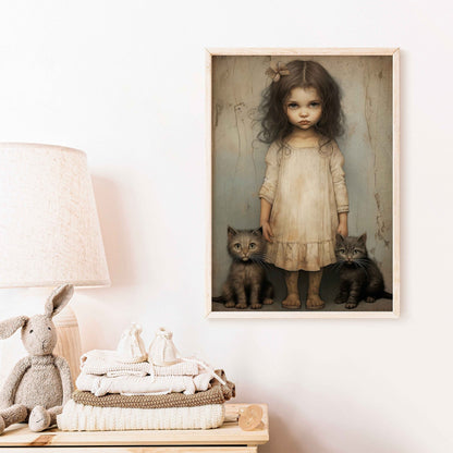 Vintage Cat Nursery Art, Whimsigoth Decor, Little Girl with Black Cat - WildfieldPrints