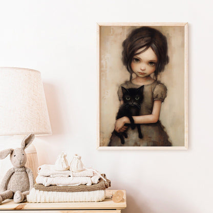 Vintage Cat Nursery Art, Whimsigoth Decor, Little Girl with Black Cat - WildfieldPrints
