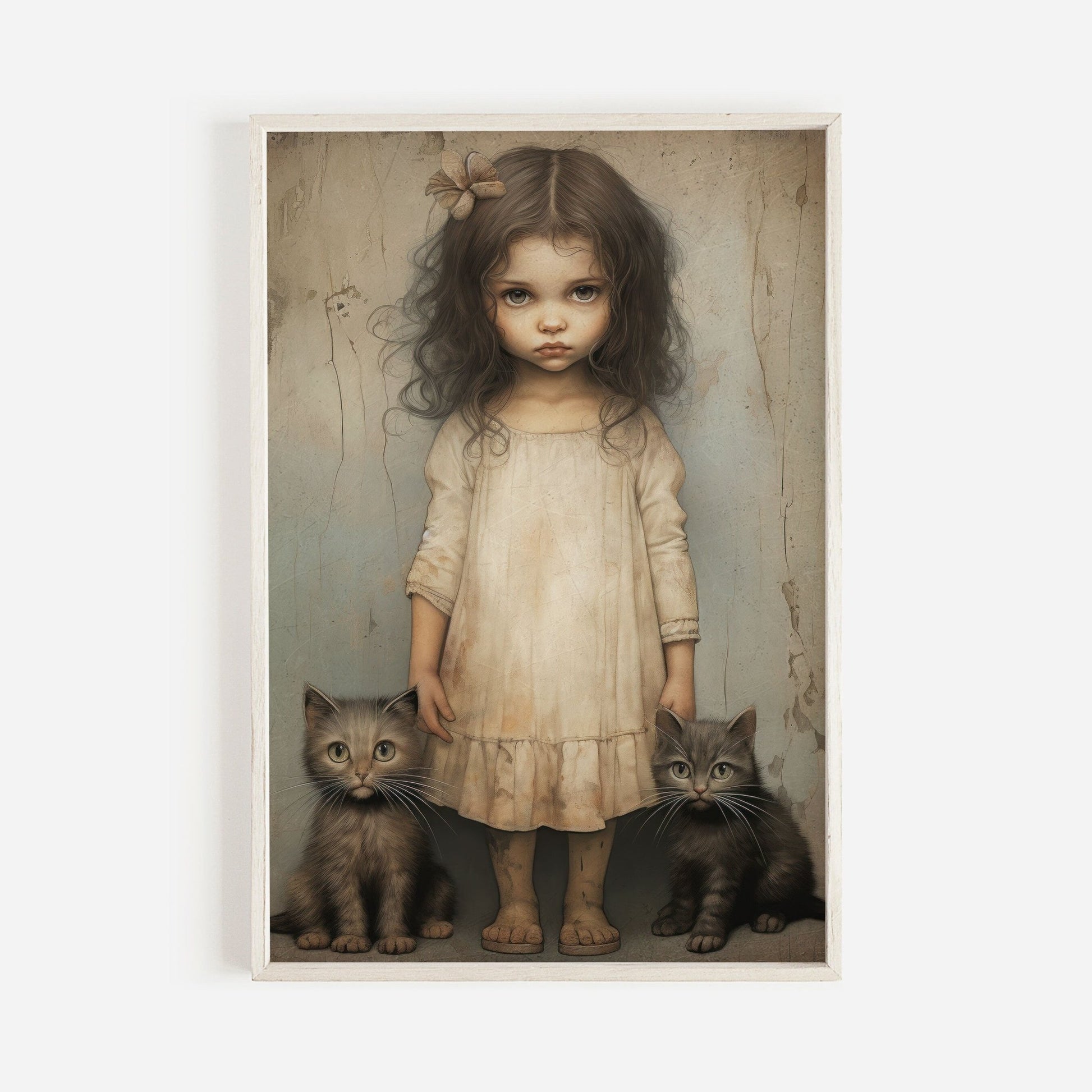 Vintage Cat Nursery Art, Whimsigoth Decor, Little Girl with Black Cat - WildfieldPrints