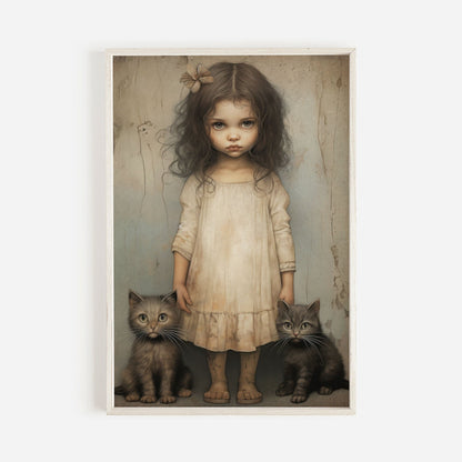Vintage Cat Nursery Art, Whimsigoth Decor, Little Girl with Black Cat - WildfieldPrints