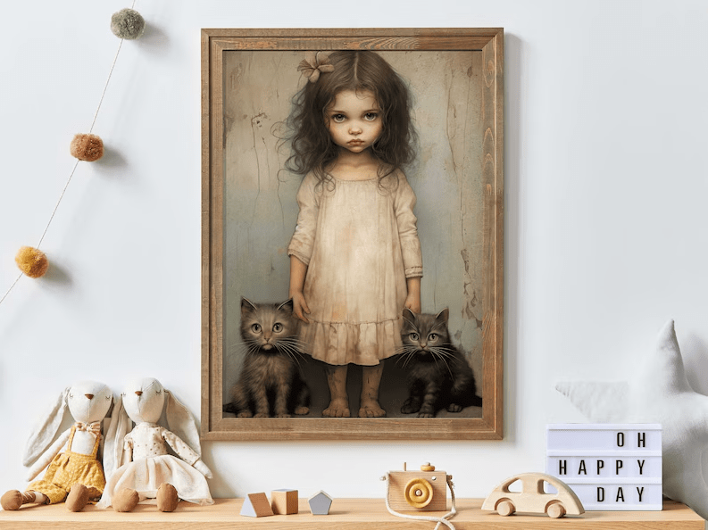 Vintage Cat Nursery Art, Whimsigoth Decor, Little Girl with Black Cat - WildfieldPrints