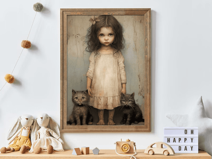 Vintage Cat Nursery Art, Whimsigoth Decor, Little Girl with Black Cat - WildfieldPrints