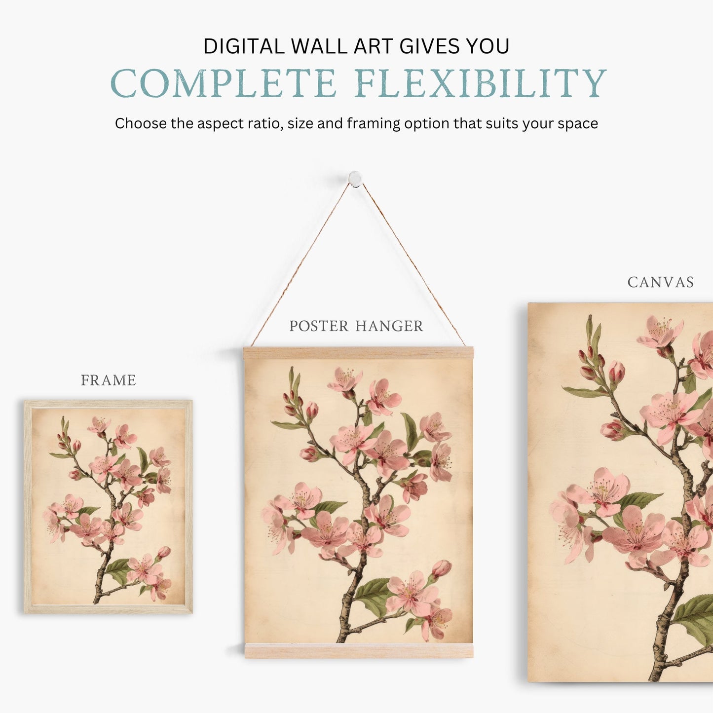 Vintage Cherry Blossom Wall Art, Pink Floral Decor, French Farmhouse Style - WildfieldPrints