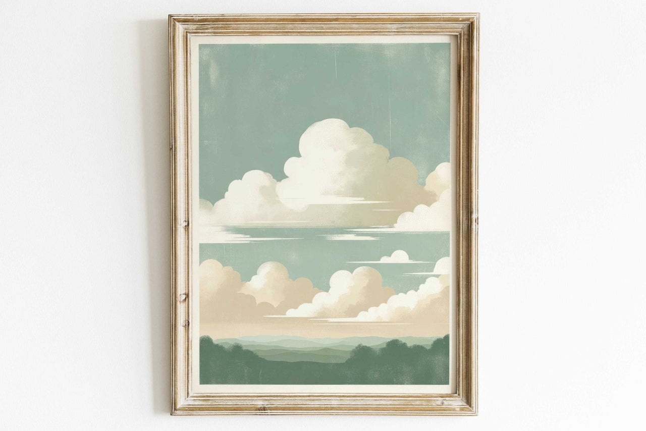 Sage Green Cloud Print – Landscape Living Room Wall Art