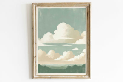 Vintage Cloud Print, Sage Green Wall Decor, Rustic Home Accent - WildfieldPrints