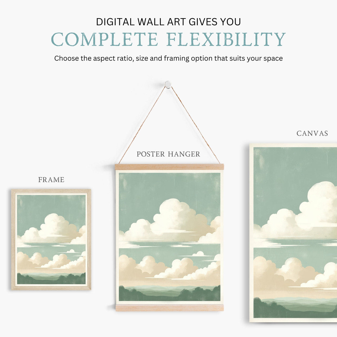Sage Green Cloud Print – Landscape Living Room Wall Art