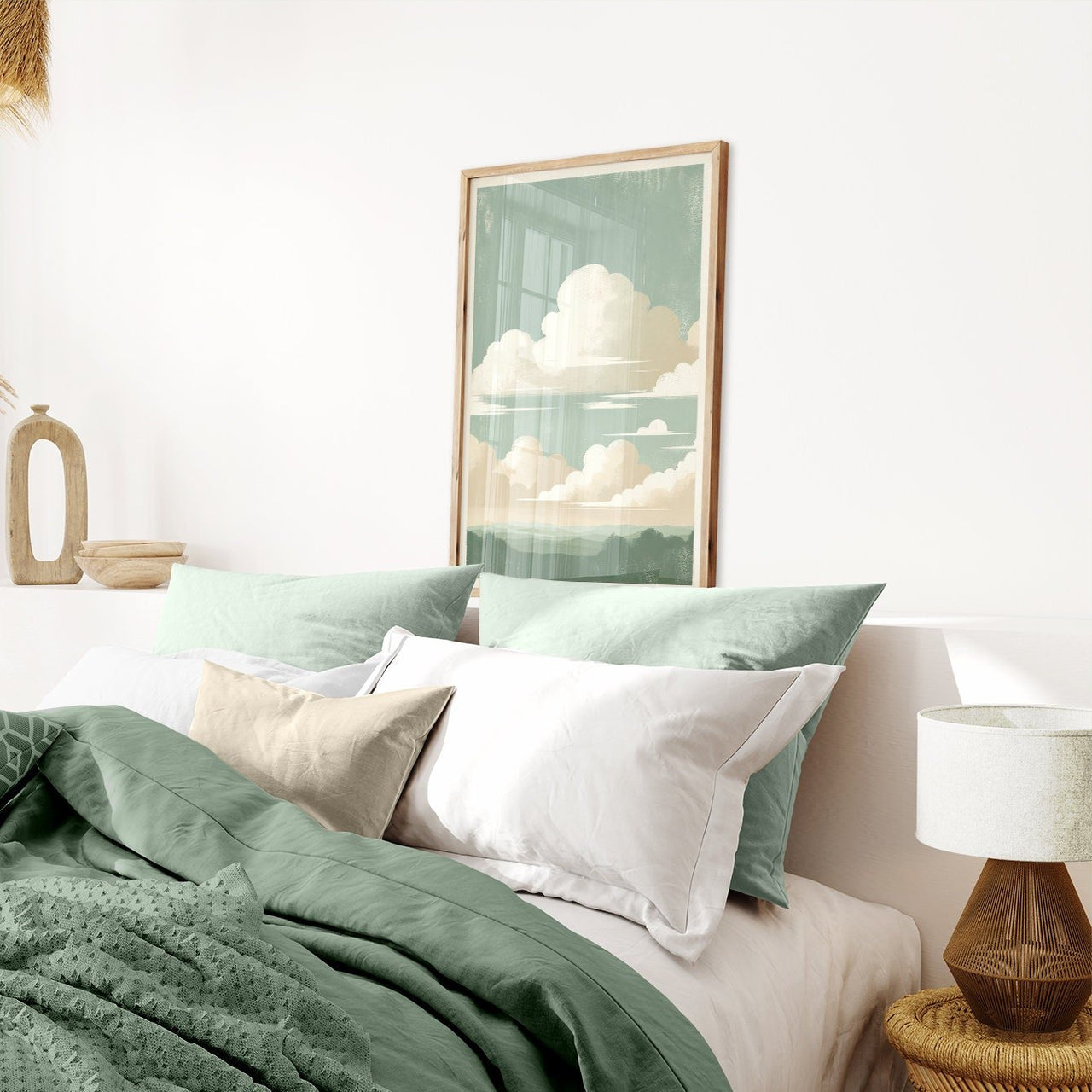 Sage Green Cloud Print – Landscape Living Room Wall Art