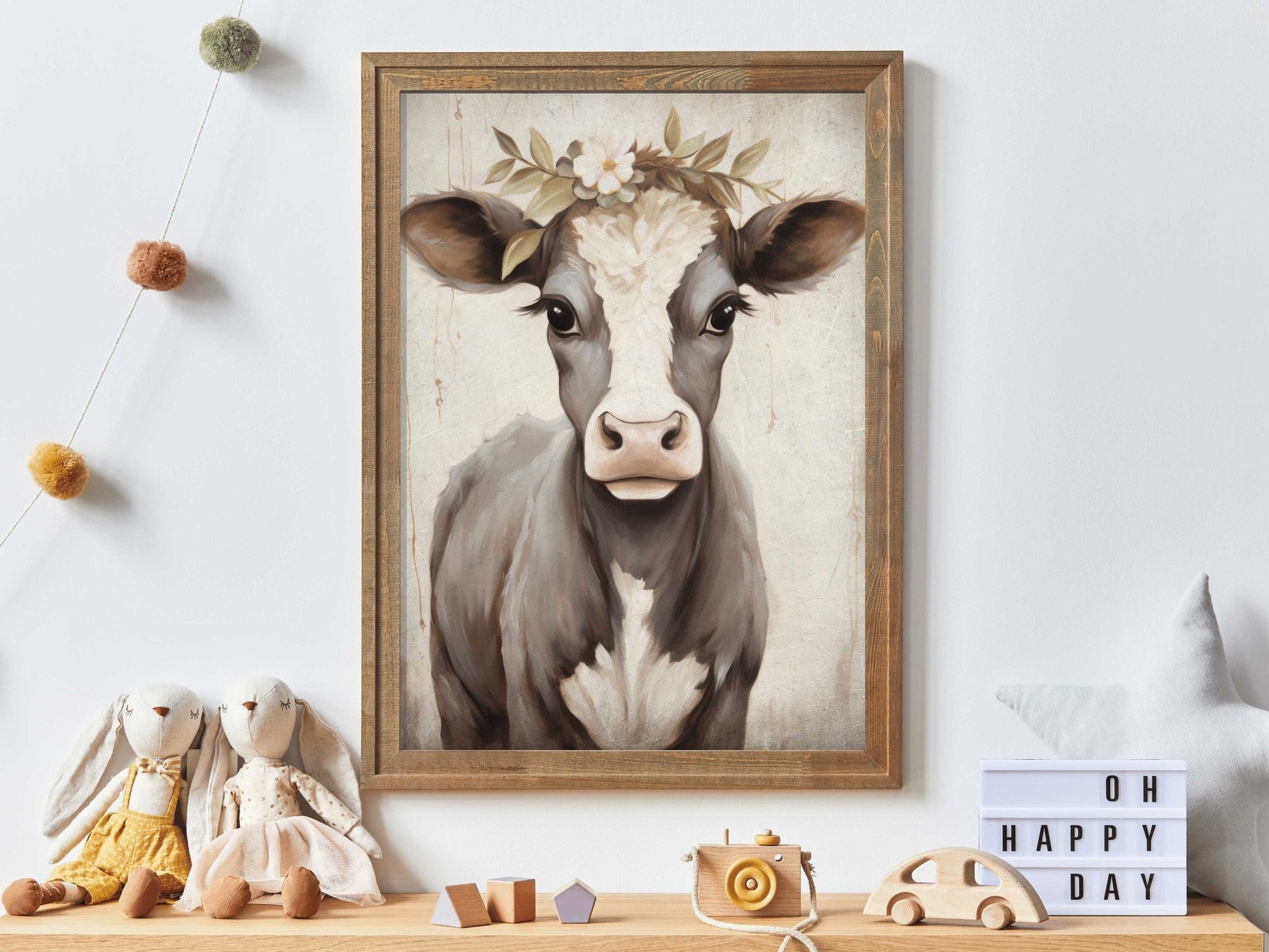 Vintage Cow Portrait, Floral Animal Wall Decor, Rustic Farmhouse Art - WildfieldPrints
