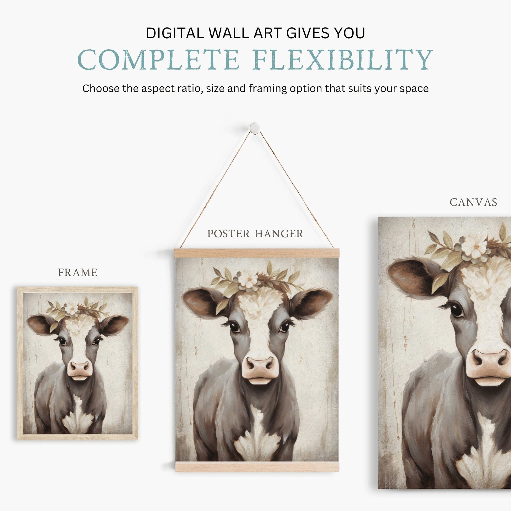 Vintage Cow Portrait, Floral Animal Wall Decor, Rustic Farmhouse Art - WildfieldPrints