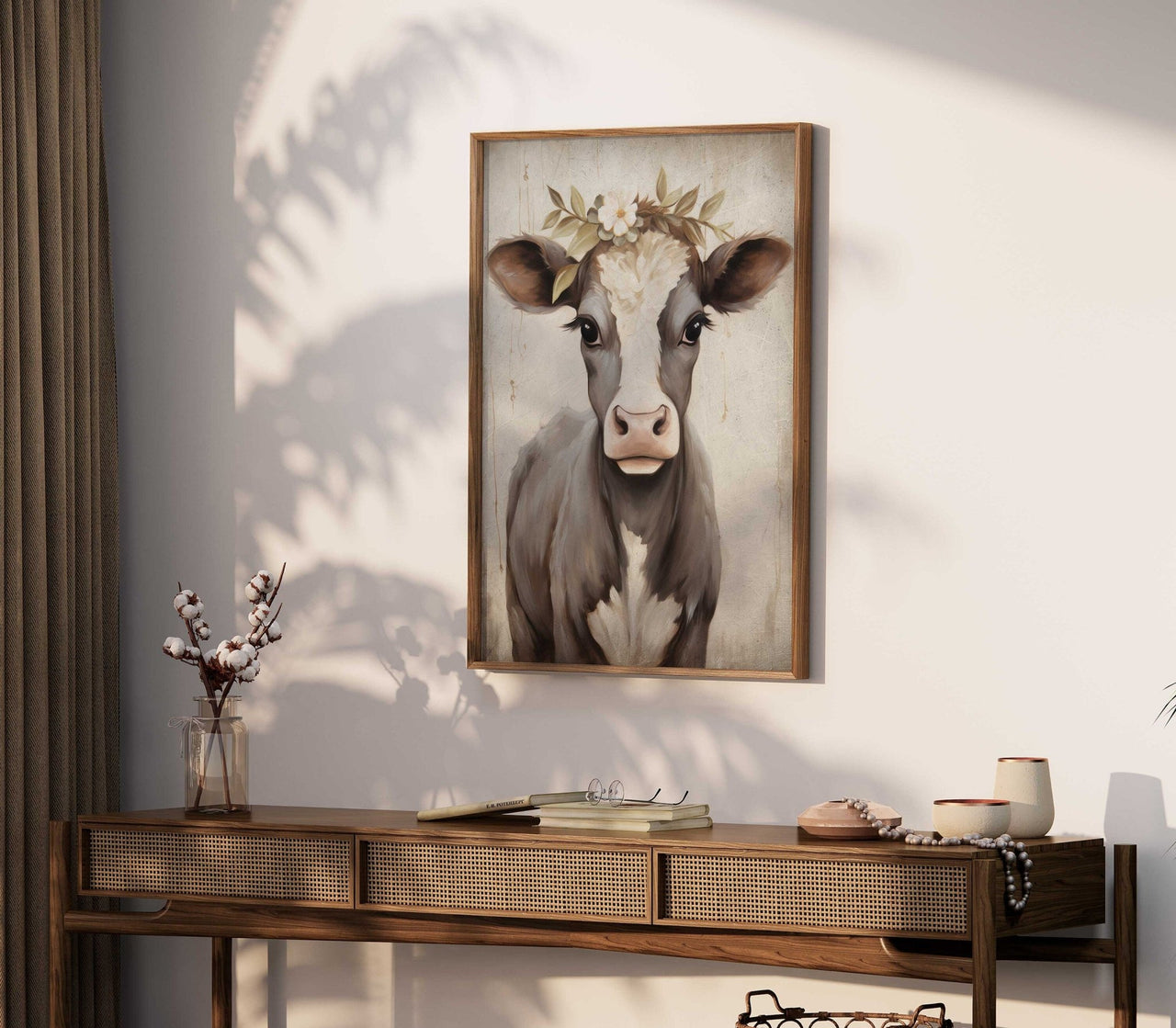 Floral Cow Wall Art – Farmhouse Animal Print for Bedroom