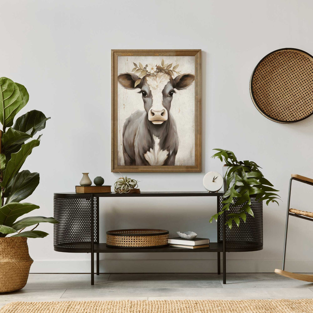 Floral Cow Wall Art – Farmhouse Animal Print for Bedroom