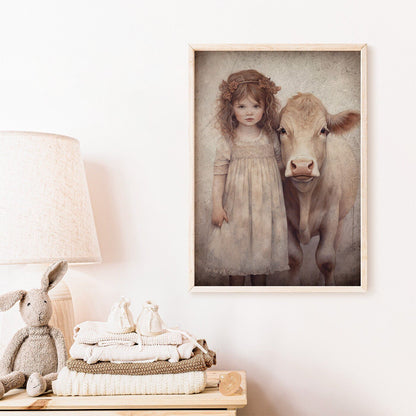 Vintage Farm Animal Wall Art, Little Girl with Cow, Farmhouse Decor - WildfieldPrints