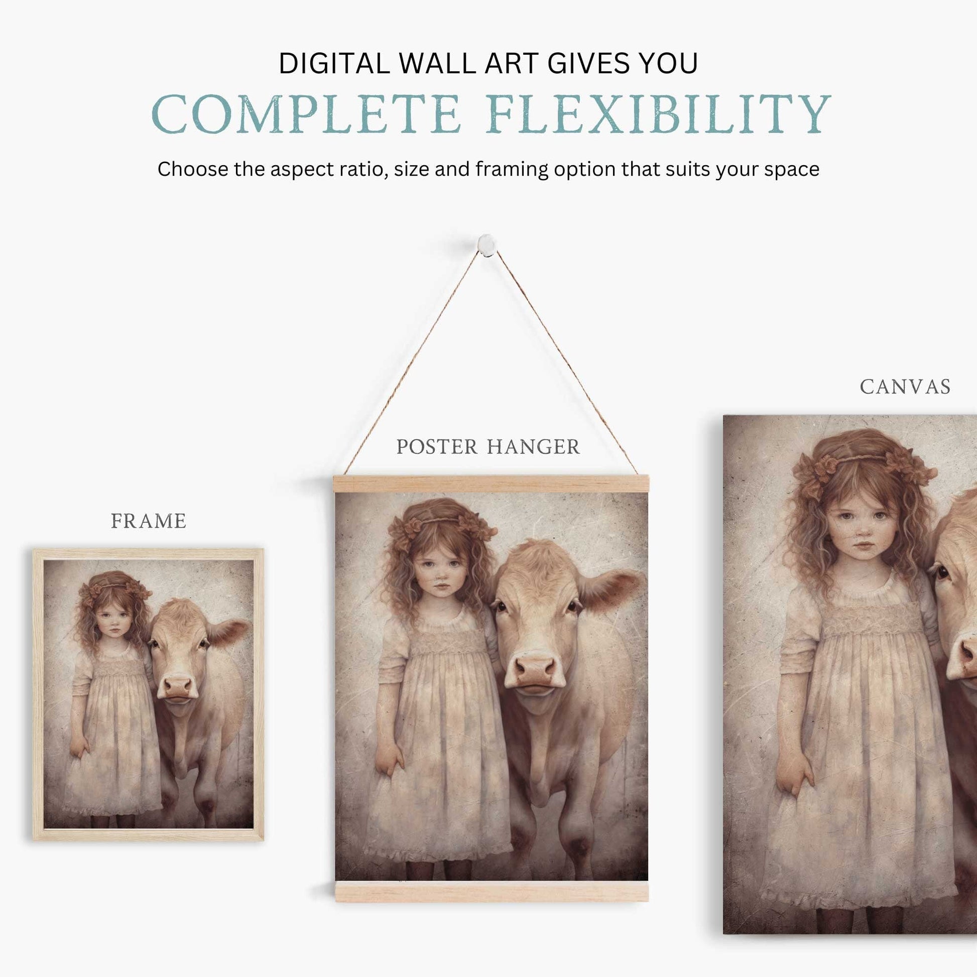 Vintage Farm Animal Wall Art, Little Girl with Cow, Farmhouse Decor - WildfieldPrints