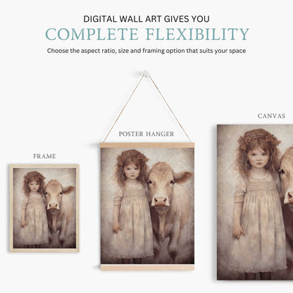 Vintage Farm Animal Wall Art, Little Girl with Cow, Farmhouse Decor - WildfieldPrints