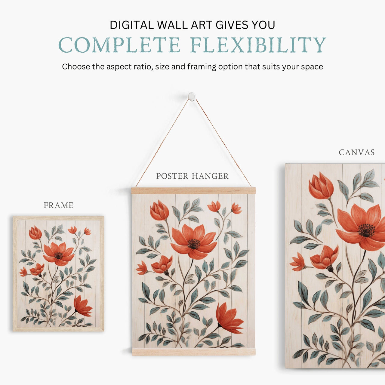 Red Flower Print – Floral Living Room Wall Decor