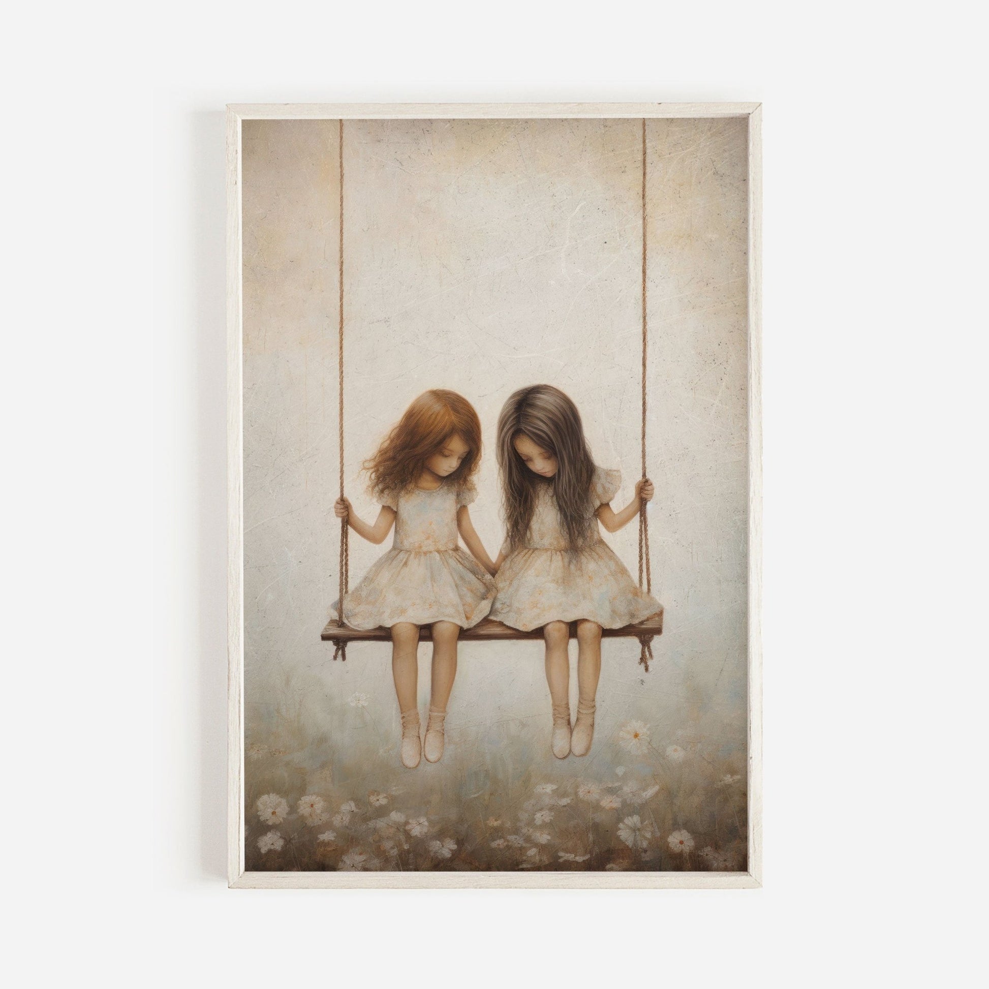 Vintage Girls on Swing Art Print, Sisters Wall Decor, Girly Room Accent - WildfieldPrints