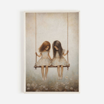 Vintage Girls on Swing Art Print, Sisters Wall Decor, Girly Room Accent - WildfieldPrints