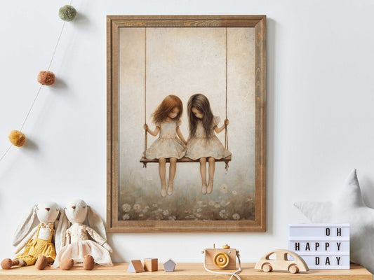 Vintage Girls on Swing Art Print, Sisters Wall Decor, Girly Room Accent - WildfieldPrints