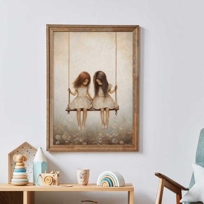 Vintage Girls on Swing Art Print, Sisters Wall Decor, Girly Room Accent - WildfieldPrints