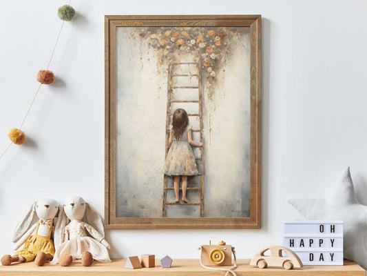 Vintage Girl's Room Print, Little Girl on a Ladder, Rustic Nursery Decor - WildfieldPrints