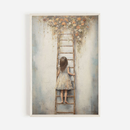 Vintage Girl's Room Print, Little Girl on a Ladder, Rustic Nursery Decor - WildfieldPrints