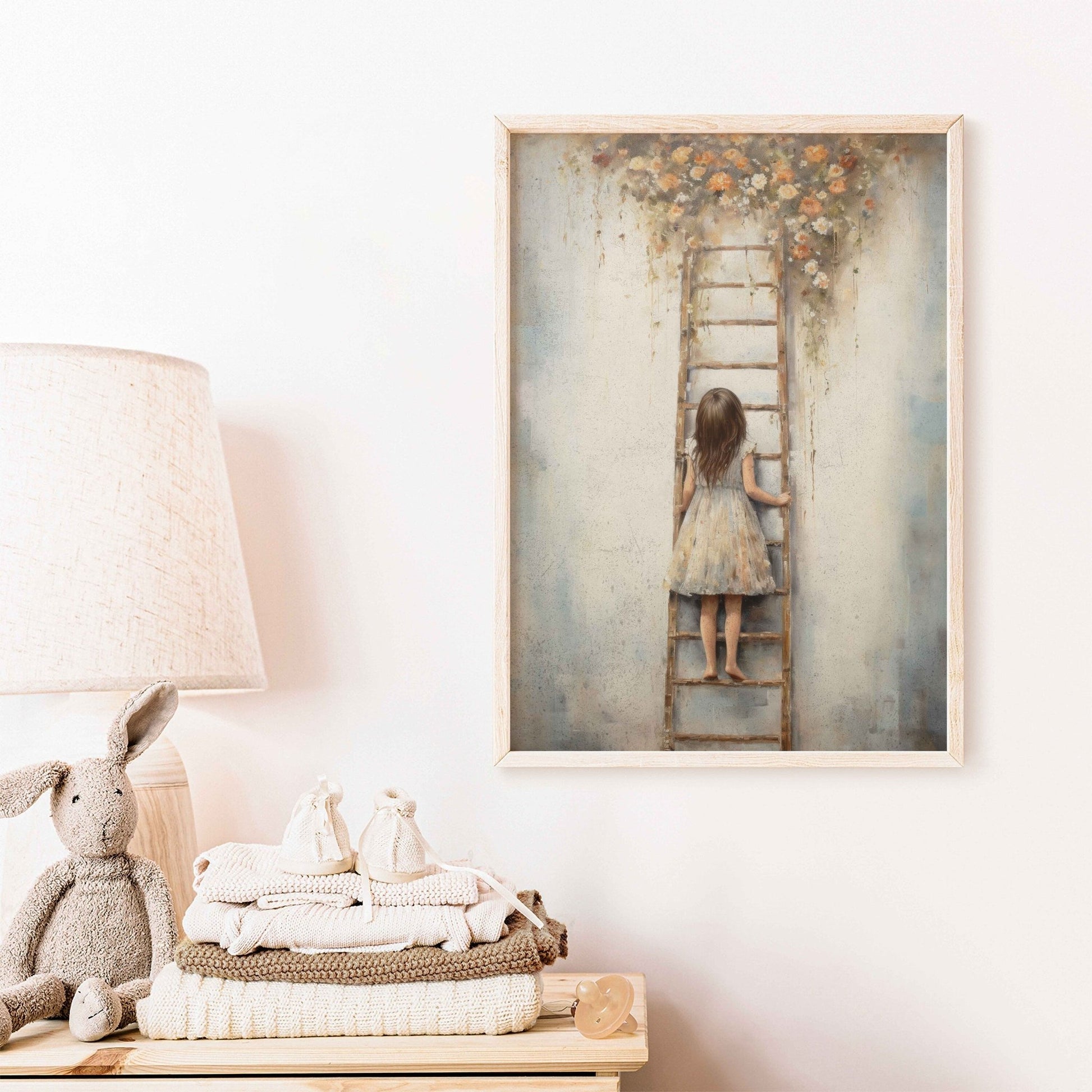 Vintage Girl's Room Print, Little Girl on a Ladder, Rustic Nursery Decor - WildfieldPrints