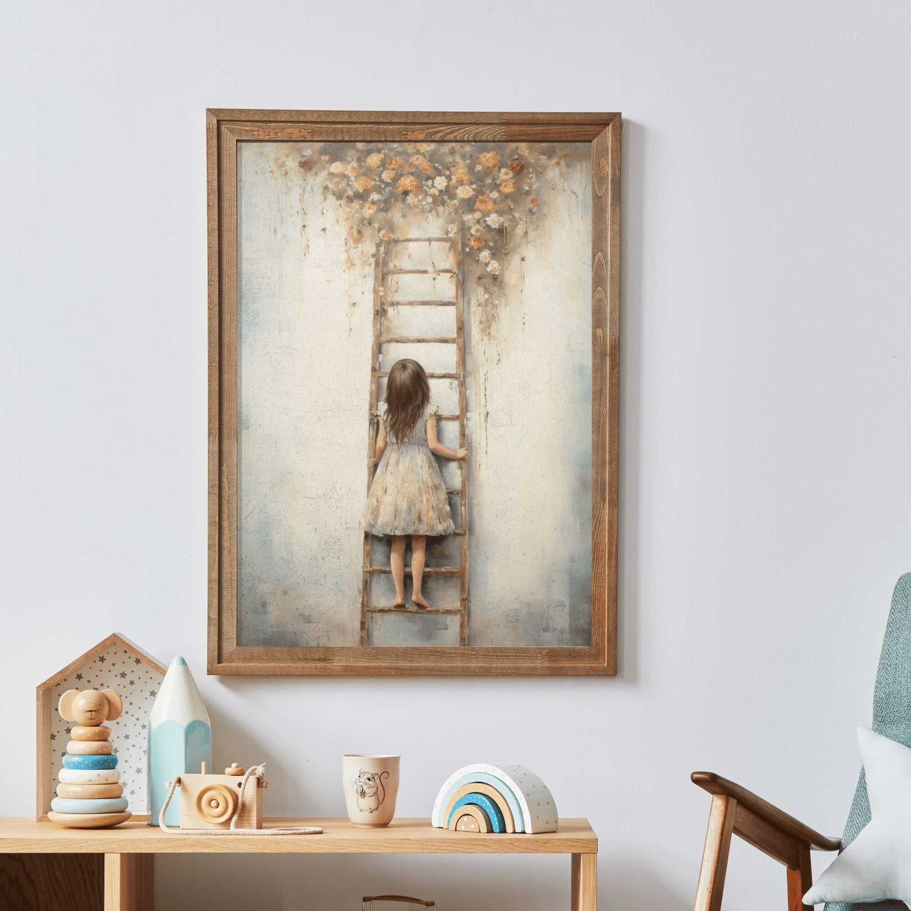 Little Girl on Ladder Wall Art – Bohemian Nursery Print