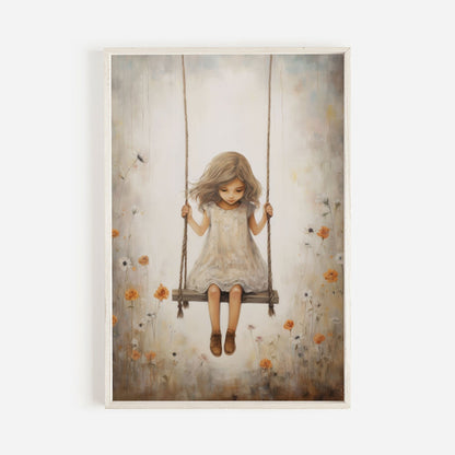 Vintage Girl's Room Print, Little Girl on a Swing, Rustic Nursery Decor - WildfieldPrints