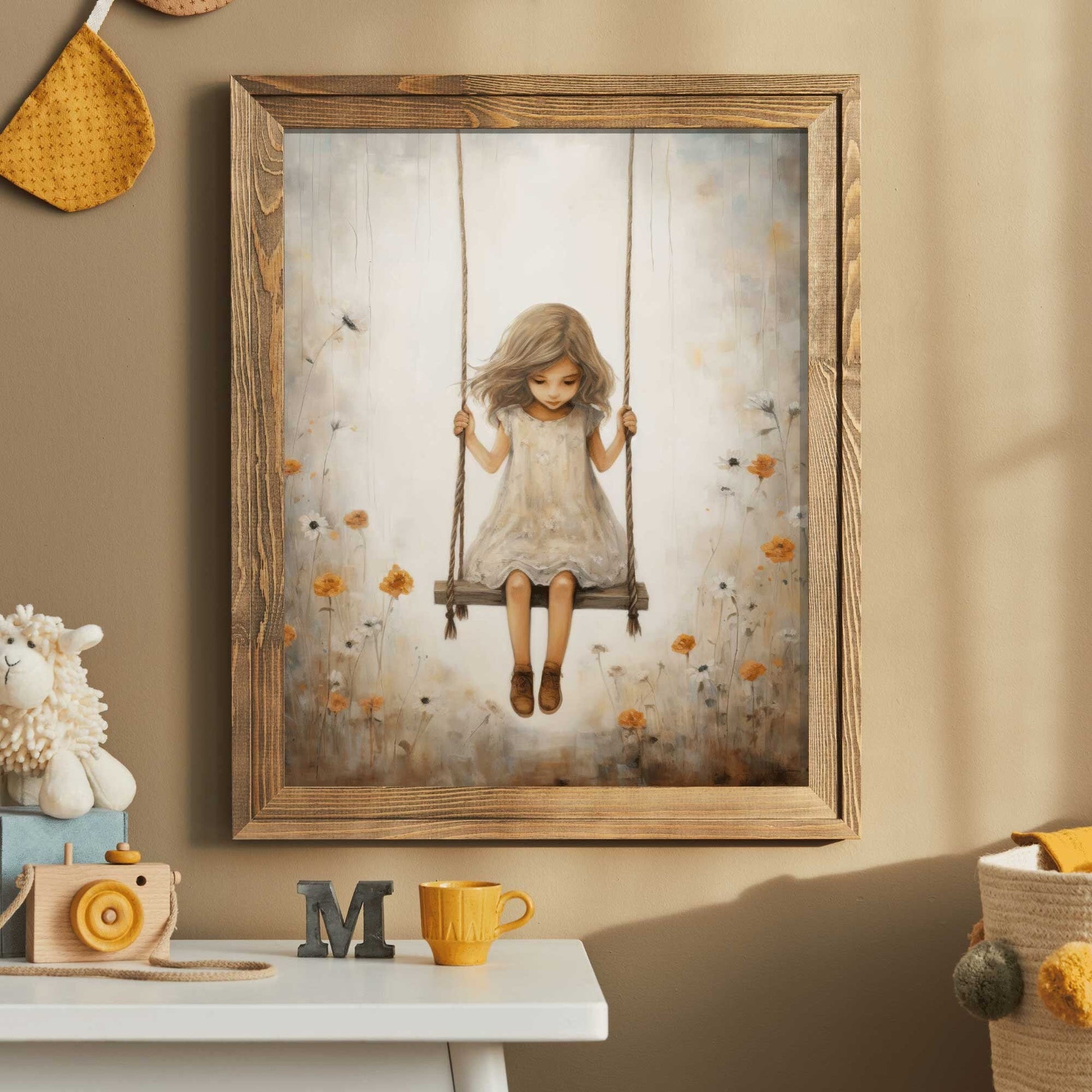 Vintage Girl's Room Print, Little Girl on a Swing, Rustic Nursery Decor - WildfieldPrints