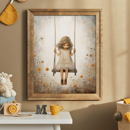 Vintage Girl's Room Print, Little Girl on a Swing, Rustic Nursery Decor - WildfieldPrints