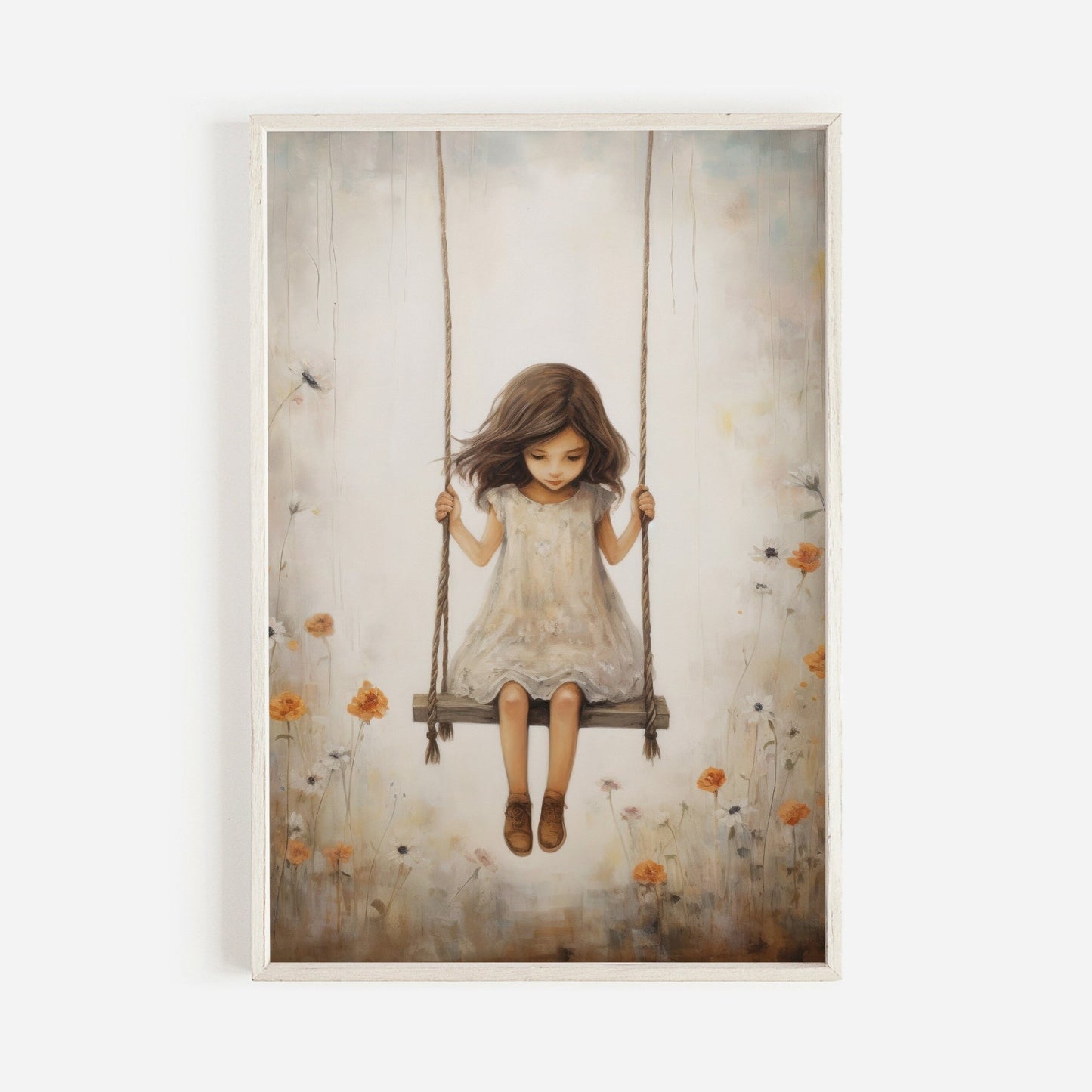 Vintage Girl's Room Print, Little Girl on a Swing, Rustic Nursery Decor - WildfieldPrints