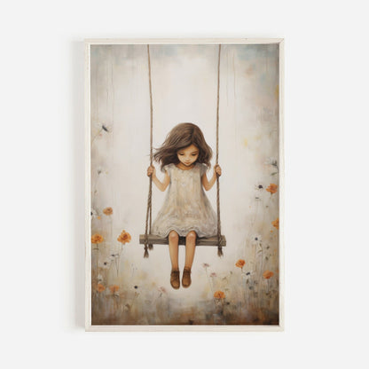 Vintage Girl's Room Print, Little Girl on a Swing, Rustic Nursery Decor - WildfieldPrints