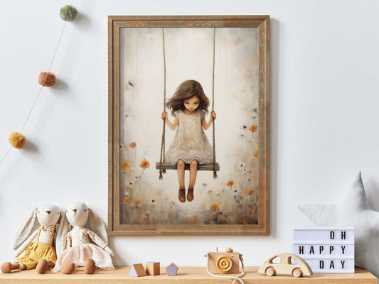 Vintage Girl's Room Print, Little Girl on a Swing, Rustic Nursery Decor - WildfieldPrints