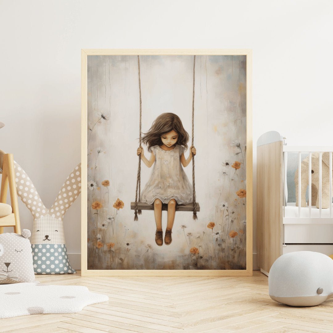 Vintage Girl's Room Print, Little Girl on a Swing, Rustic Nursery Decor - WildfieldPrints