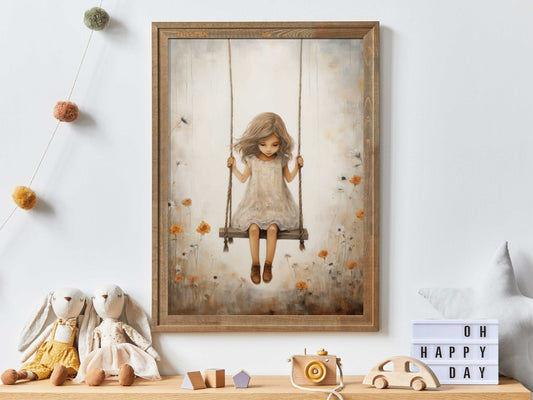 Vintage Girl's Room Print, Little Girl on a Swing, Rustic Nursery Decor - WildfieldPrints