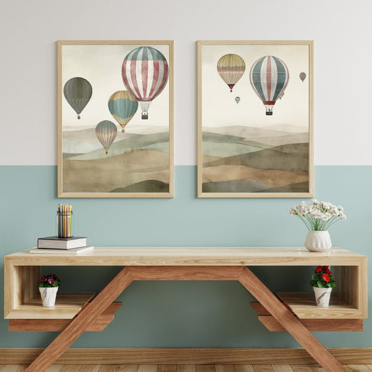 Vintage Hot Air Balloon Landscape Art, Countryside & Balloons Decor - WildfieldPrints
