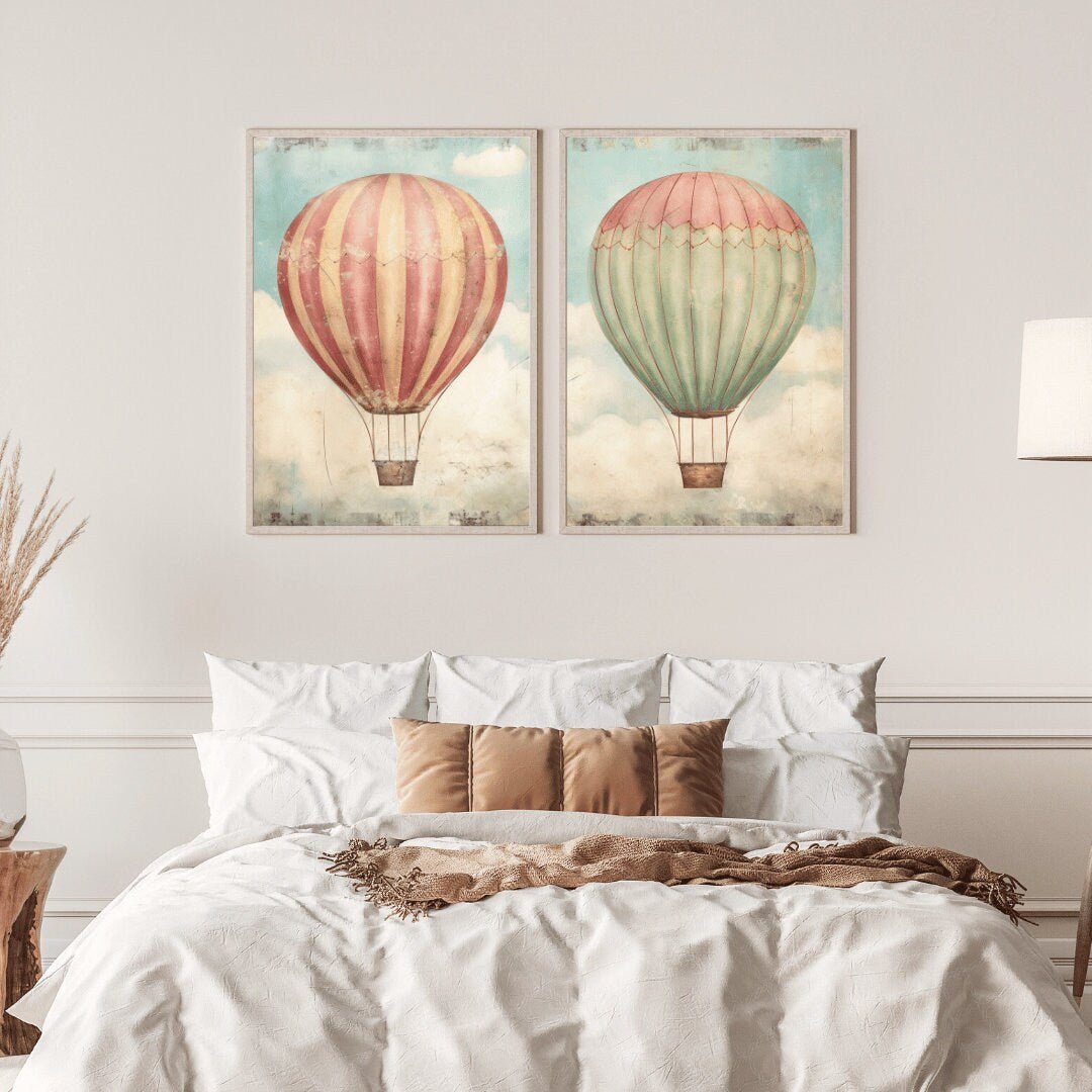 Vintage Hot Air Balloon Wall Art – Adventure Nursery Print • Set of 2
