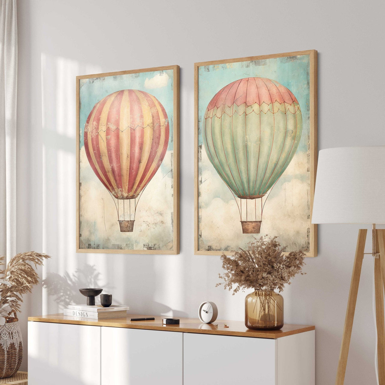 Vintage Hot Air Balloon Wall Art – Adventure Nursery Print • Set of 2