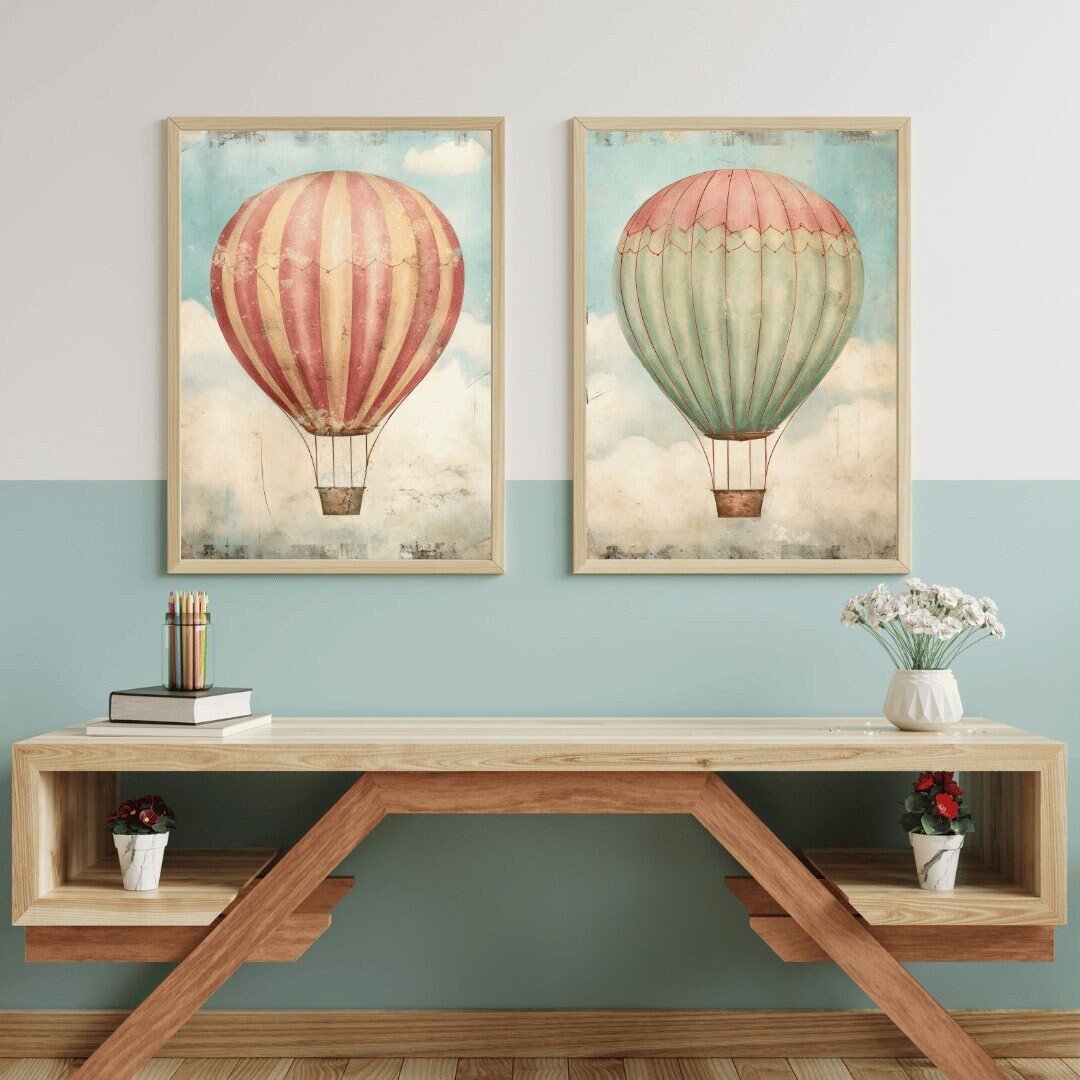 Vintage Hot Air Balloon Wall Art – Adventure Nursery Print • Set of 2