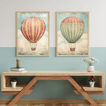 Vintage Hot Air Balloon Prints, Rustic Nursery Decor, Colorful Artwork - WildfieldPrints