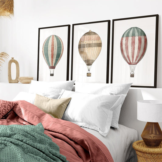 Vintage Hot Air Balloon Wall Art, Minimalist Decor, Muted Tones - WildfieldPrints