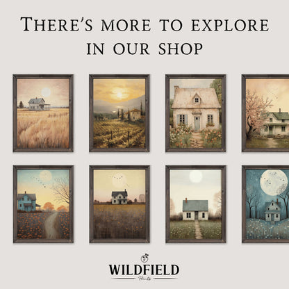 Vintage House Print, Cherry Blossom Trees, Countryside Wall Art - WildfieldPrints