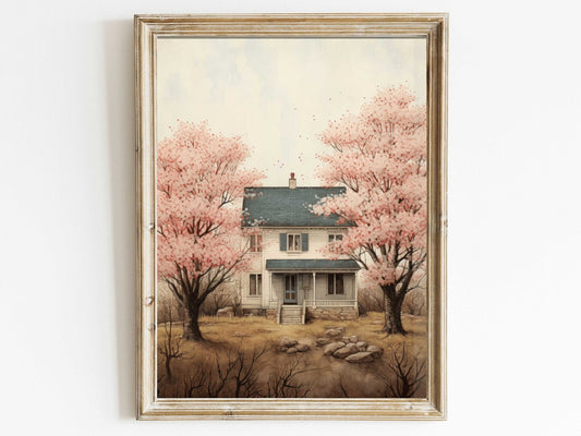 Vintage House Print, Cherry Blossom Trees, Countryside Wall Art - WildfieldPrints