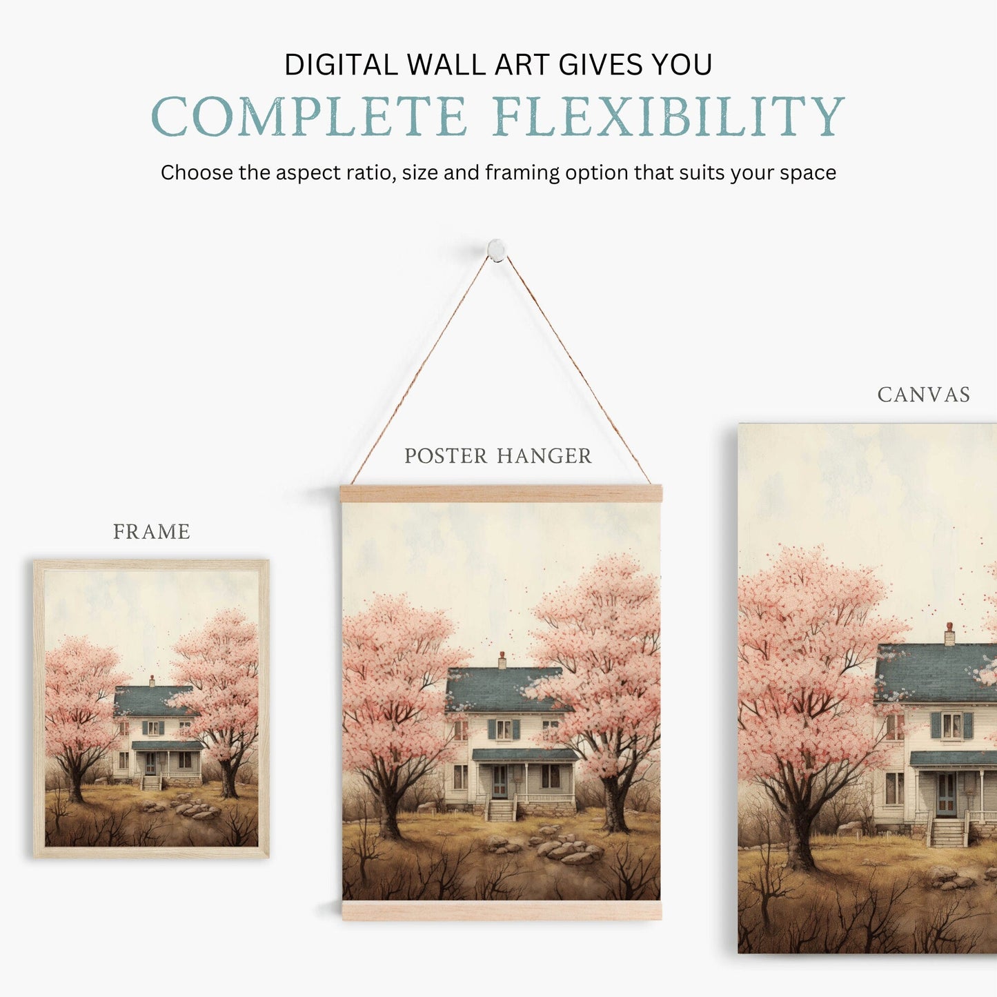 Vintage House Print, Cherry Blossom Trees, Countryside Wall Art - WildfieldPrints