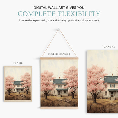 Vintage House Print, Cherry Blossom Trees, Countryside Wall Art - WildfieldPrints