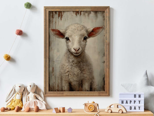 Vintage Lamb Painting, Farm Animal Art, Country Style Decor - WildfieldPrints