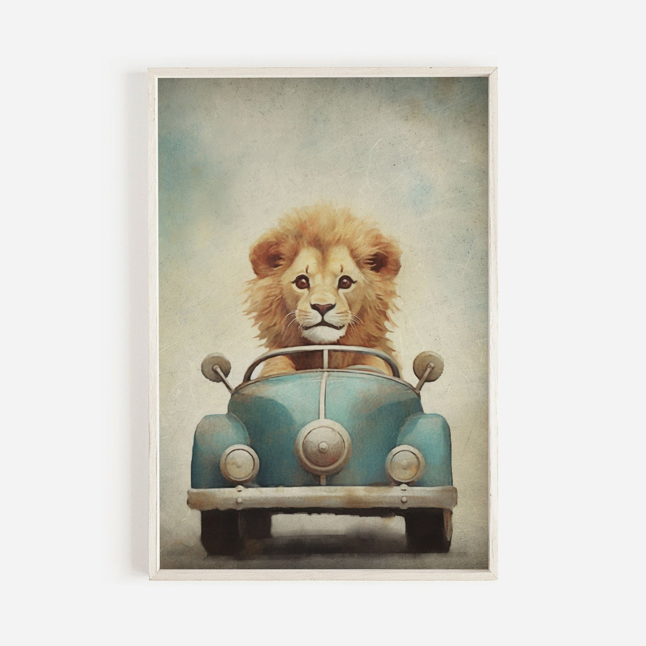 Lion Driving Wall Art – Animal Boys Room Print