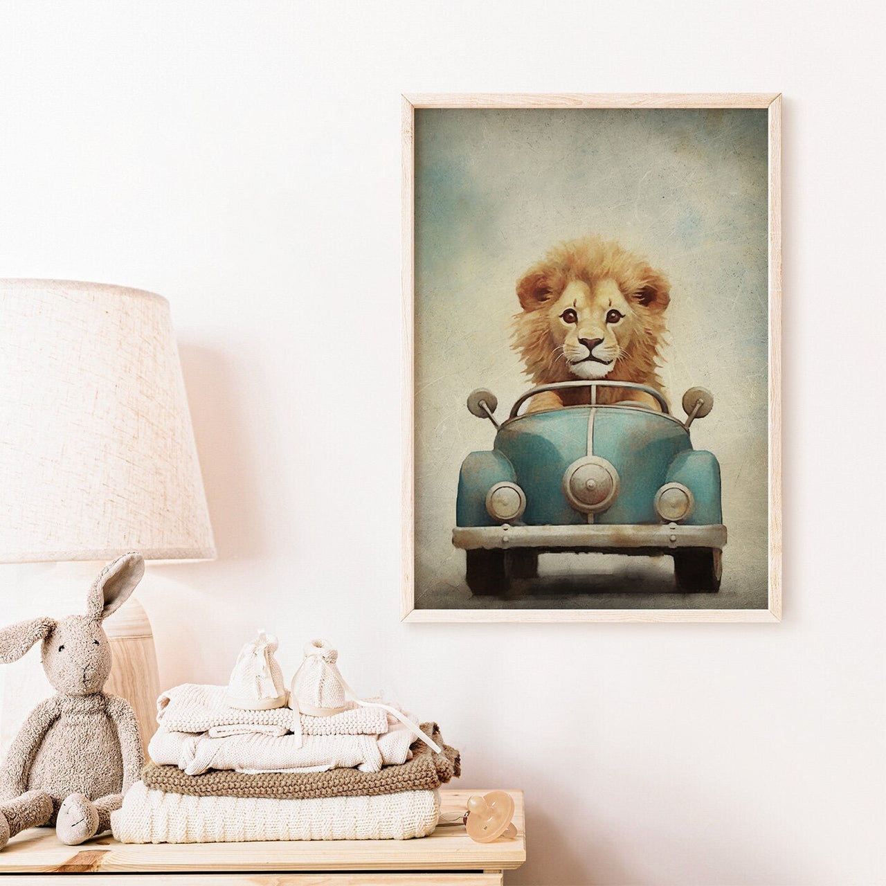 Lion Driving Wall Art – Animal Boys Room Print